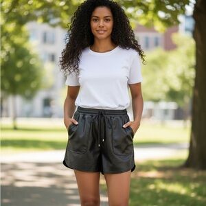 Women’s Black Faux Leather Athletic Shorts with Drawstring Waist
